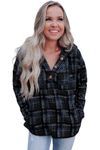 Load image into Gallery viewer, Black Plaid Button Neck Pocketed Pullover Hoodie
