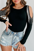 Load image into Gallery viewer, Rhinestone Fringed Cold Shoulder Long Sleeve Bodysuit
