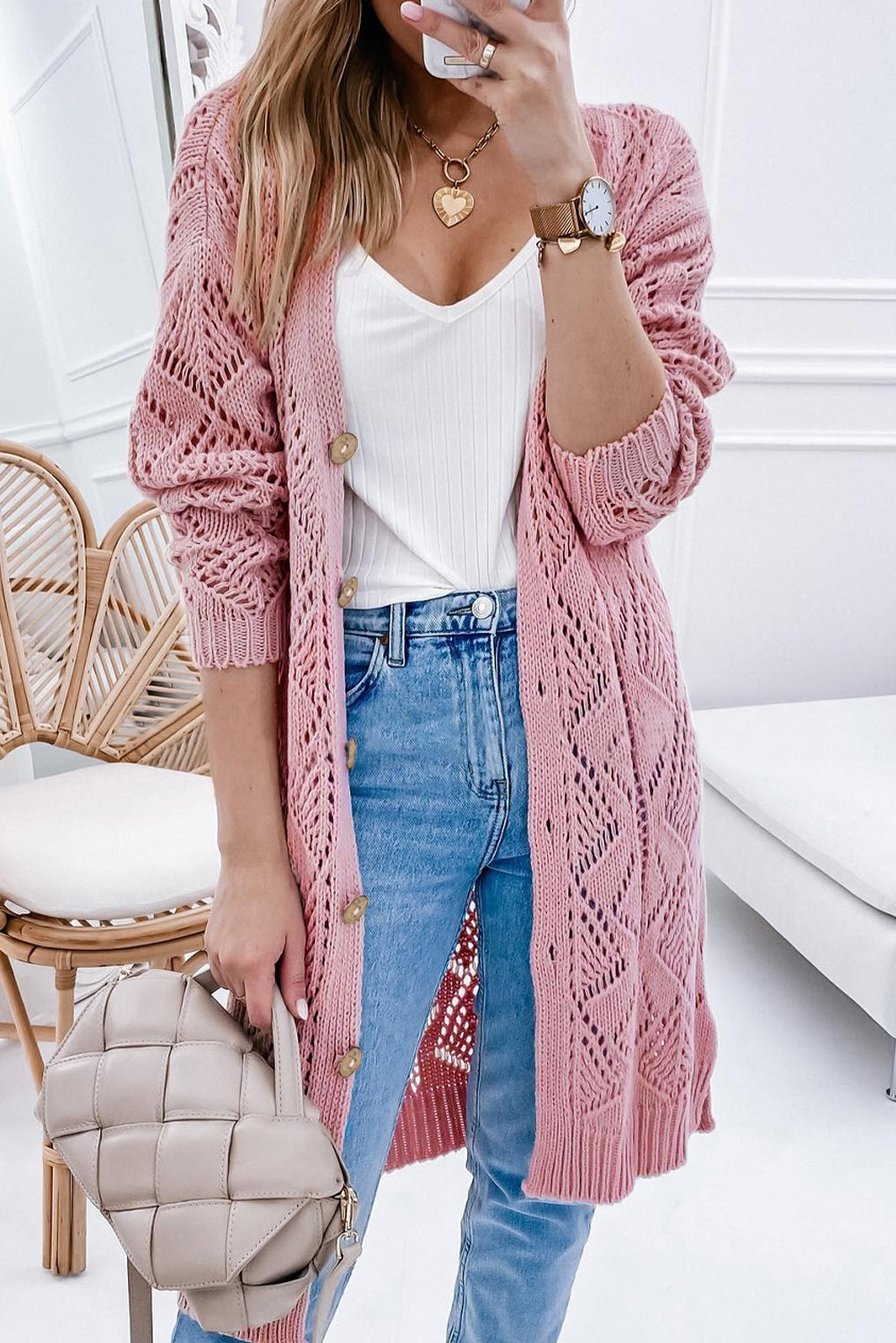 Pink Hollow-out Openwork Knit Cardigan