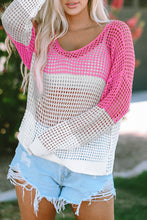 Load image into Gallery viewer, Pink Color Block Eyelet Long Sleeve Twisted Back Knit Top
