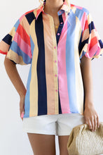 Load image into Gallery viewer, Multicolor Color Block Striped Puff Sleeve Buttoned Shirt
