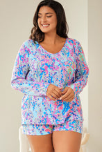 Load image into Gallery viewer, Sky Blue Plus Size Floral Print Long Sleeve and Shorts Lounge Outfit
