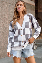 Load image into Gallery viewer, Gray Contrast Checkered Print Button Up Sweater Cardigan
