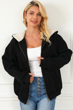 Load image into Gallery viewer, Black Sherpa Hooded Thumbhole Sleeve Zip Up Jacket
