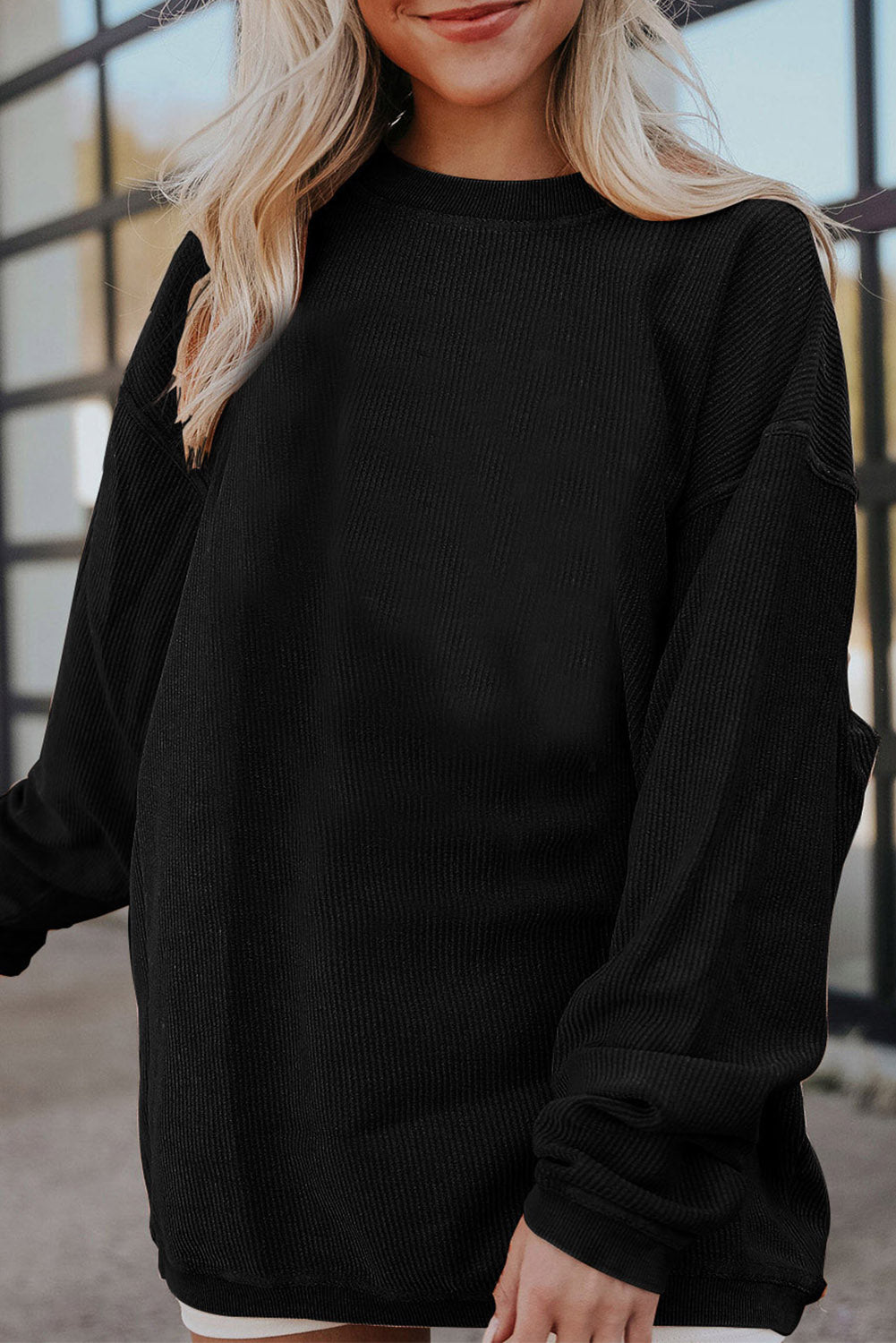 Black Ribbed Corded Oversized Sweatshirt