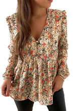 Load image into Gallery viewer, Khaki V Neck Ruffled Babydoll Floral Blouse
