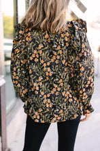 Load image into Gallery viewer, Black Plus Size Split Neck Ruffled Bubble Sleeve Floral Blouse
