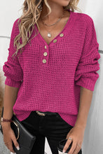 Load image into Gallery viewer, Rose Red Pointelle Knit Button V Neck Drop Shoulder Sweater
