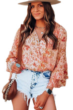 Load image into Gallery viewer, Orange Floral Print Ruffled Bell Sleeve V Neck Bodysuit
