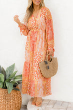 Load image into Gallery viewer, Orange Boho Floral Wrap V Neck Tie Long Sleeve Dress
