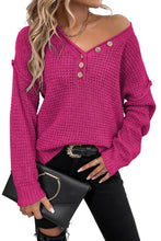 Load image into Gallery viewer, Rose Red Pointelle Knit Button V Neck Drop Shoulder Sweater
