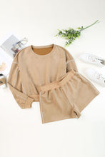 Load image into Gallery viewer, Khaki Piping Trim Long Sleeve Terry Shorts Set
