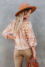 Load image into Gallery viewer, Brown Drawstring Neckline 3/4 Sleeve Printed Blouse
