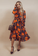 Load image into Gallery viewer, Orange Floral Print Faux Wrap Belted Dress
