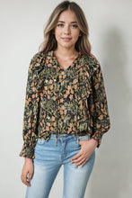 Load image into Gallery viewer, Black Plus Size Split Neck Ruffled Bubble Sleeve Floral Blouse
