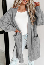 Load image into Gallery viewer, Gray Ribbed Trim Eyelet Cable Knit Cardigan
