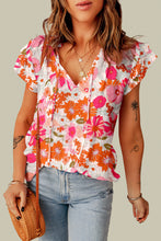 Load image into Gallery viewer, Multicolor Split V Neck Ruffle Sleeve Floral Blouse
