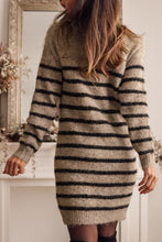 Load image into Gallery viewer, Khaki Striped Print Lace Neck Asymmetric Buttons Sweater Dress
