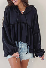 Load image into Gallery viewer, Black Oversized Ruffled High Low Hem Drop Shoulder Hoodie
