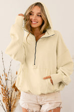 Load image into Gallery viewer, Beige Ribbed Trim Kangaroo Pocket Zipped Hoodie
