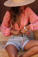 Load image into Gallery viewer, Pink Bubble Sleeve Floral Shirt with Lace up
