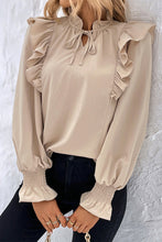 Load image into Gallery viewer, Khaki Ruffled Lace up Bubble Sleeve Blouse
