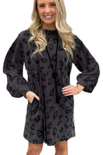 Load image into Gallery viewer, Gray Leopard Pocketed Puff Sleeve Mini Dress
