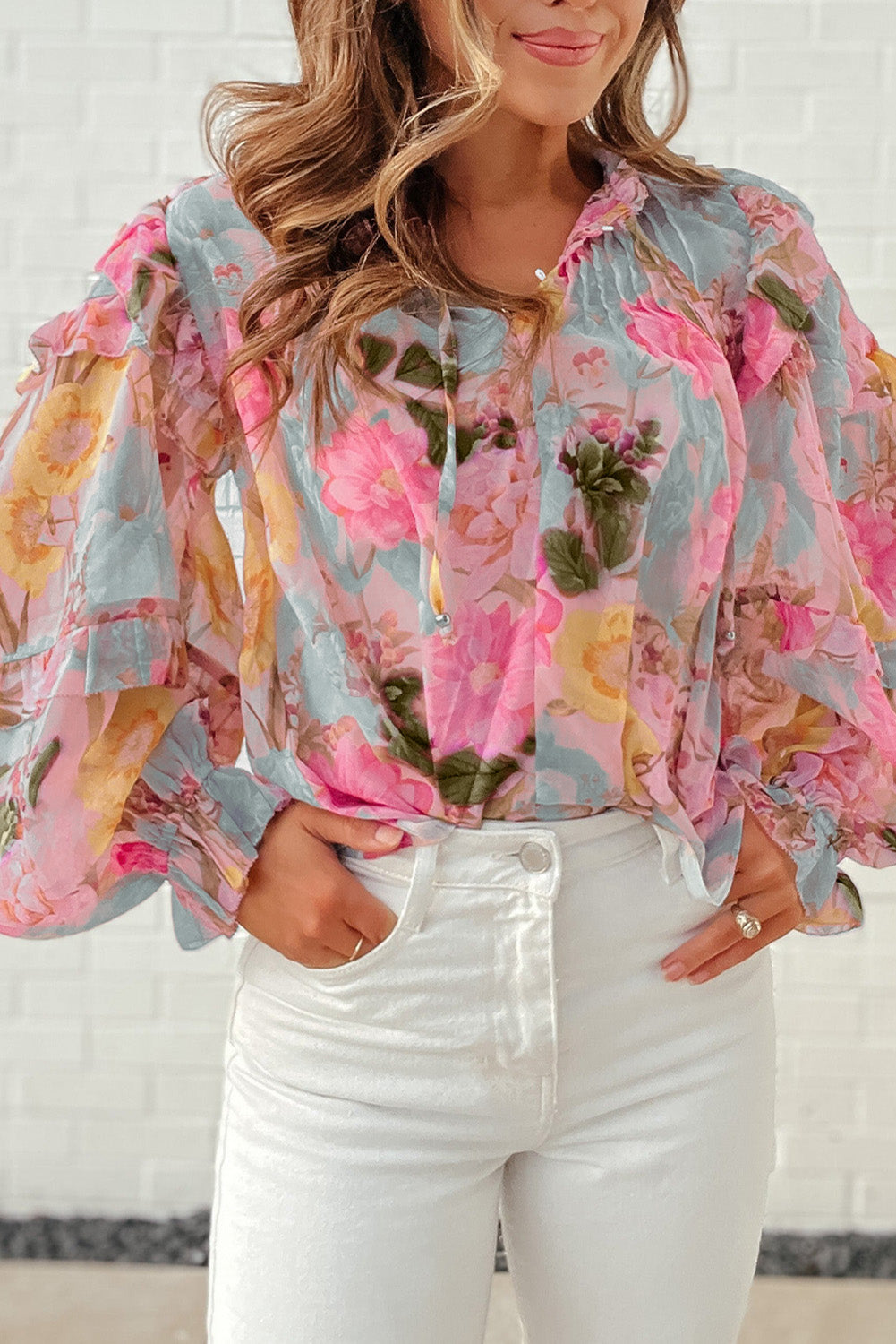 Floral Print Tiered Ruffled Long Sleeve Blouse