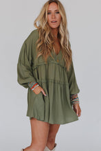 Load image into Gallery viewer, Green V Neck Puff Sleeve Frill Tiered Mini Dress
