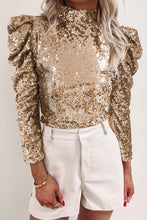 Load image into Gallery viewer, Apricot Sequin Mock Neck Bubble Sleeve Top
