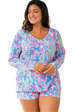 Load image into Gallery viewer, Sky Blue Plus Size Floral Print Long Sleeve and Shorts Lounge Outfit
