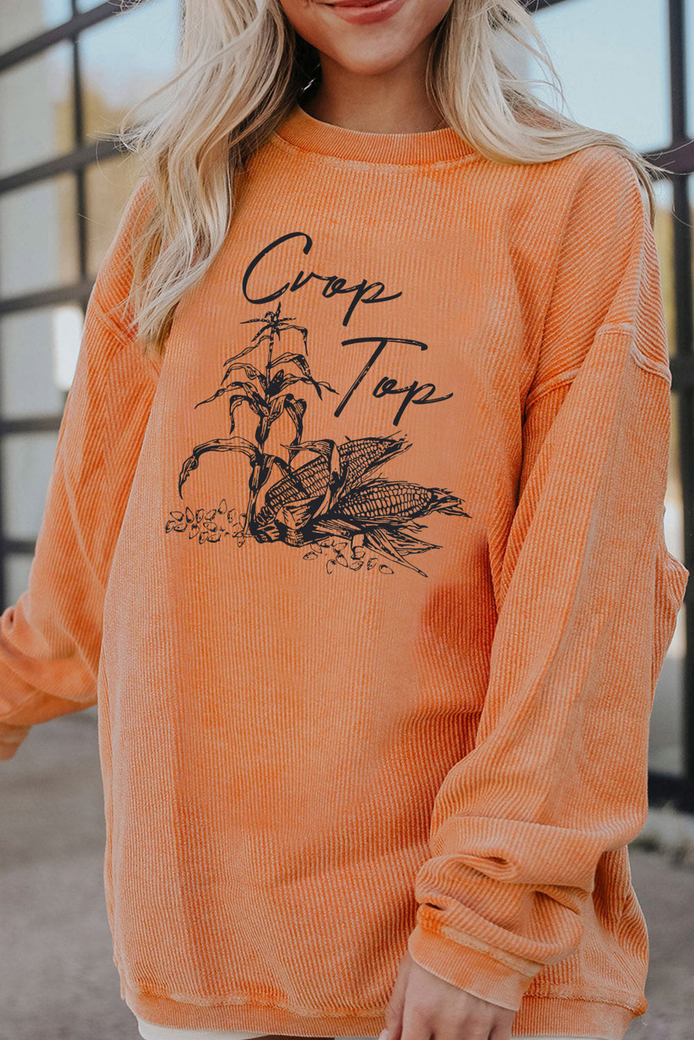 Orange Crop Top Corn Graphic Corded Sweatshirt