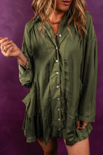 Load image into Gallery viewer, Pickle Green Loose Pocketed Ruffled Hem Draped Shirt Dress
