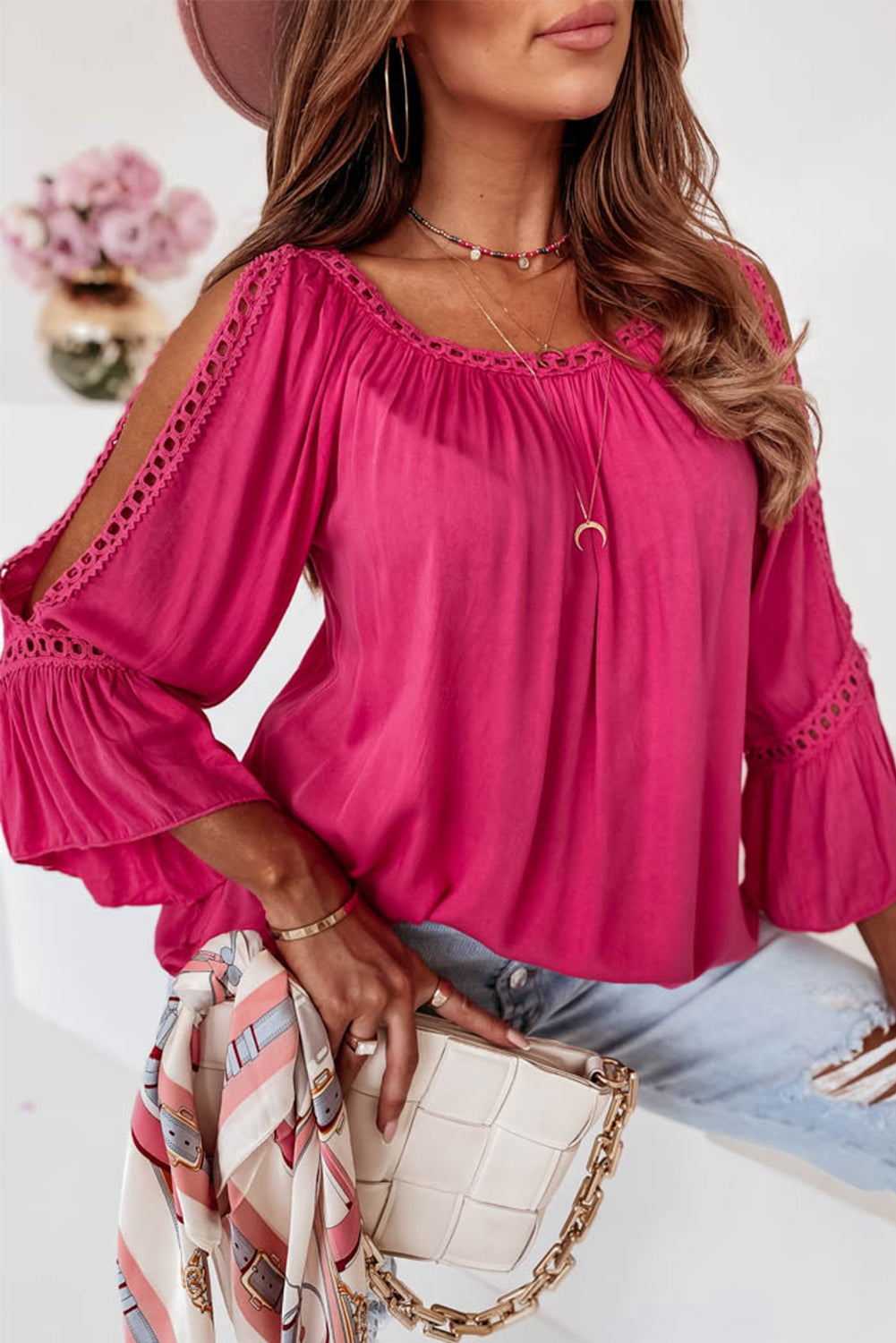 Lace Crochet Cut-Out Bracelet Sleeve Ruffle Blouse