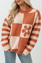 Load image into Gallery viewer, Checkered Floral Print Striped Sleeve Sweater
