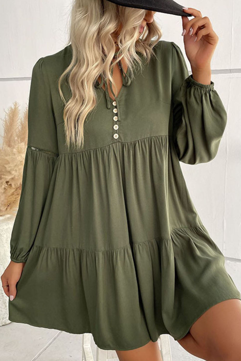 Green Lace Puff Sleeve Buttoned Tiered Ruffled Mini Dress