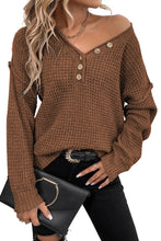 Load image into Gallery viewer, Coffee Pointelle Knit Button V Neck Drop Shoulder Sweater
