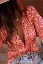 Load image into Gallery viewer, Pink Bubble Sleeve Floral Shirt with Lace up
