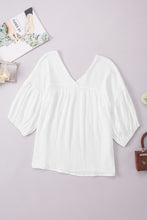 Load image into Gallery viewer, White Textured V Neck Bracelet Sleeve Babydoll Blouse
