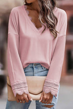 Load image into Gallery viewer, Pink Ribbed Texture Lace Trim V Neck Long Sleeve Top
