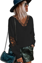 Load image into Gallery viewer, Black Hollowed Lace Splicing V Neck Loose Sweater
