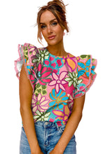 Load image into Gallery viewer, Multicolor Vibrant Floral Print Trimmed Ruffle Sleeve Blouse
