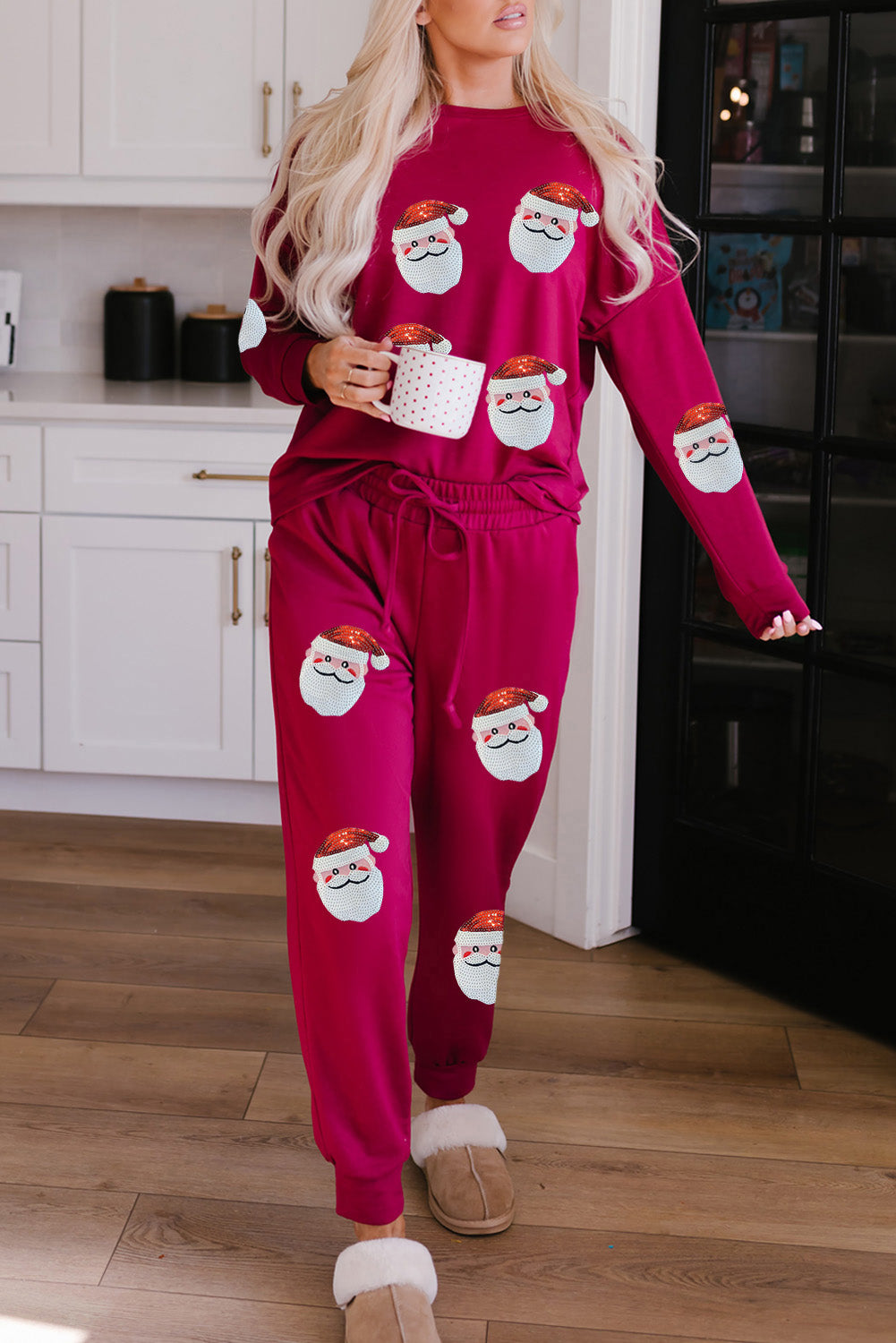 Sequined Santa Claus Pattern Lounge Sweatsuit