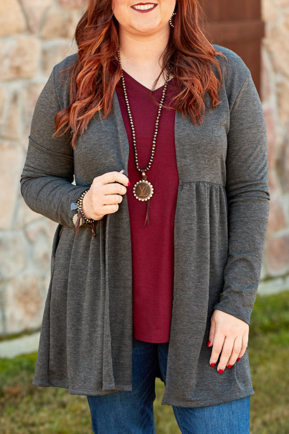 Gray Plus Size Open Front Ruffle Tunic Cardigan