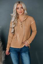 Load image into Gallery viewer, Khaki Seamed Drop Shoulder Waffle Knit Henley Hooded Top
