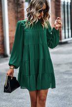 Load image into Gallery viewer, Green Puff Sleeve Mock Neck Back Knot Tiered Dress
