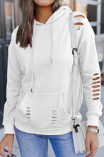 Load image into Gallery viewer, White Solid Ripped Hooded Sweatshirt with Kangaroo Pocket
