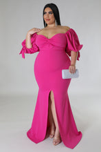 Load image into Gallery viewer, Bow Tie Puff Sleeve Plus Size High Slit Maxi Dress
