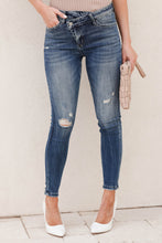 Load image into Gallery viewer, Sky Blue Asymmetric Button Zip Fly Distressed Skinny Jeans
