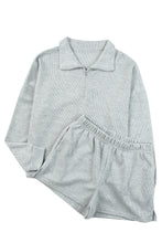 Load image into Gallery viewer, Gray Ribbed Zipper Sweatshirt and High Waist Shorts Set
